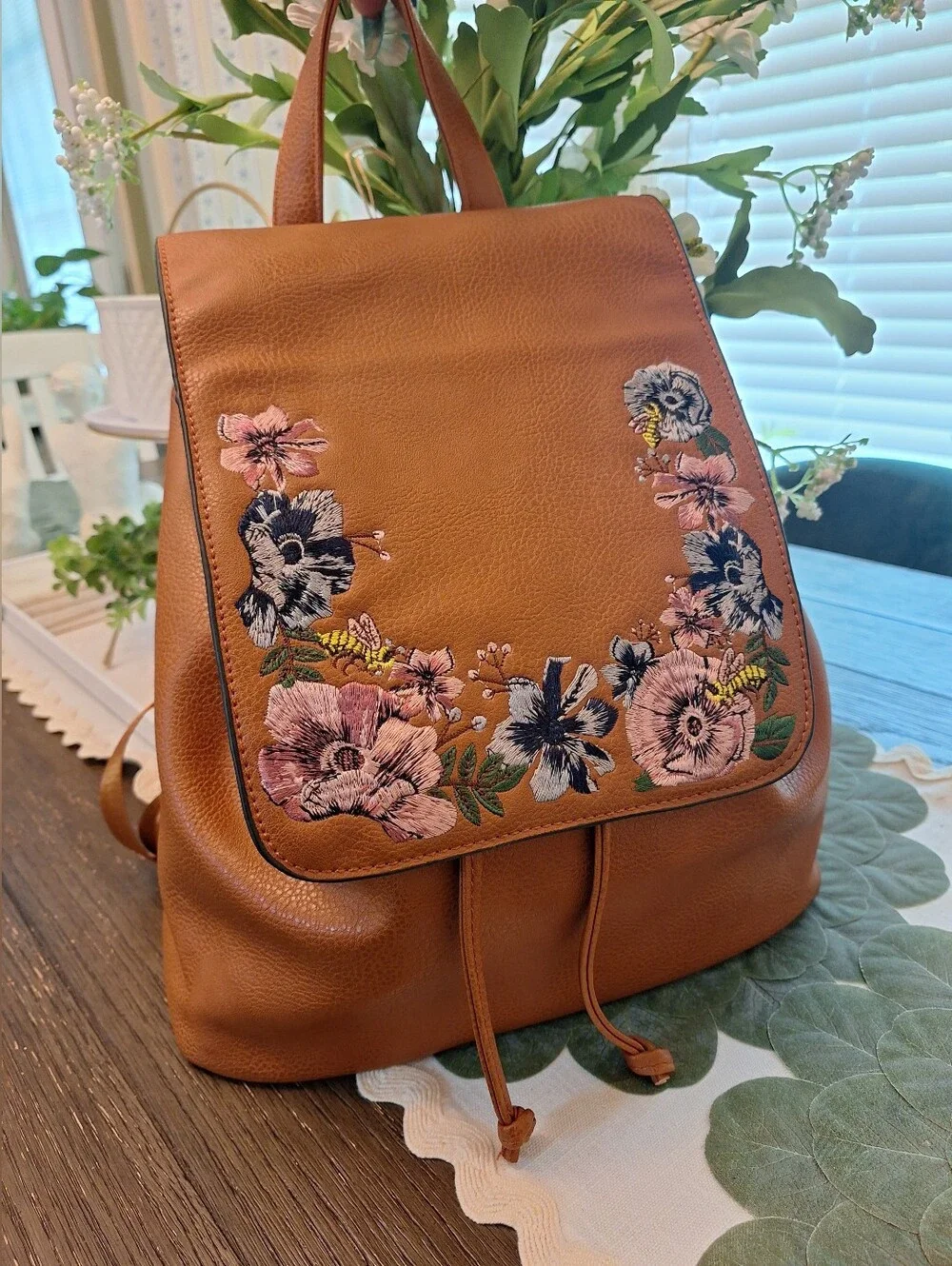 Source Unknown Tan Backpack with Pink & Navy Floral Embroidery